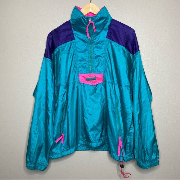 80s 90s Vintage Vibrant Neon Half Zip Color Block Lightweight Zip Up Windbreaker